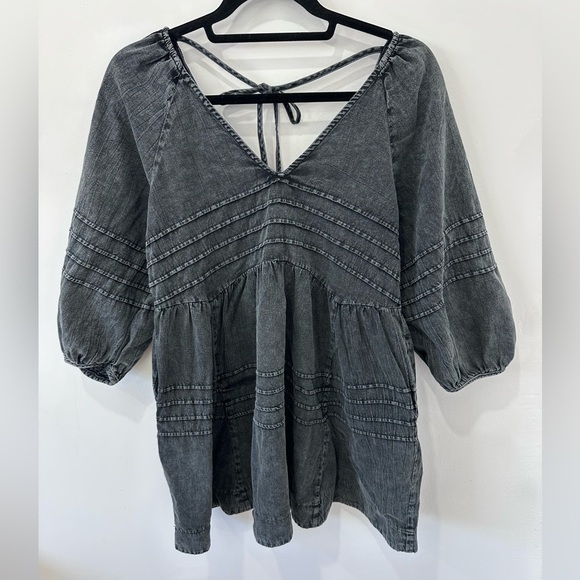 Mustard Seed Black Dark Wash V Neck Denim Midi Dress with Pockets - S - Picture 8 of 11